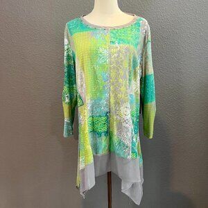MULTIPLES MISS LIMEZINNA Multi Greens & Gray Tunic Bead & Chiffon Details NWT XL